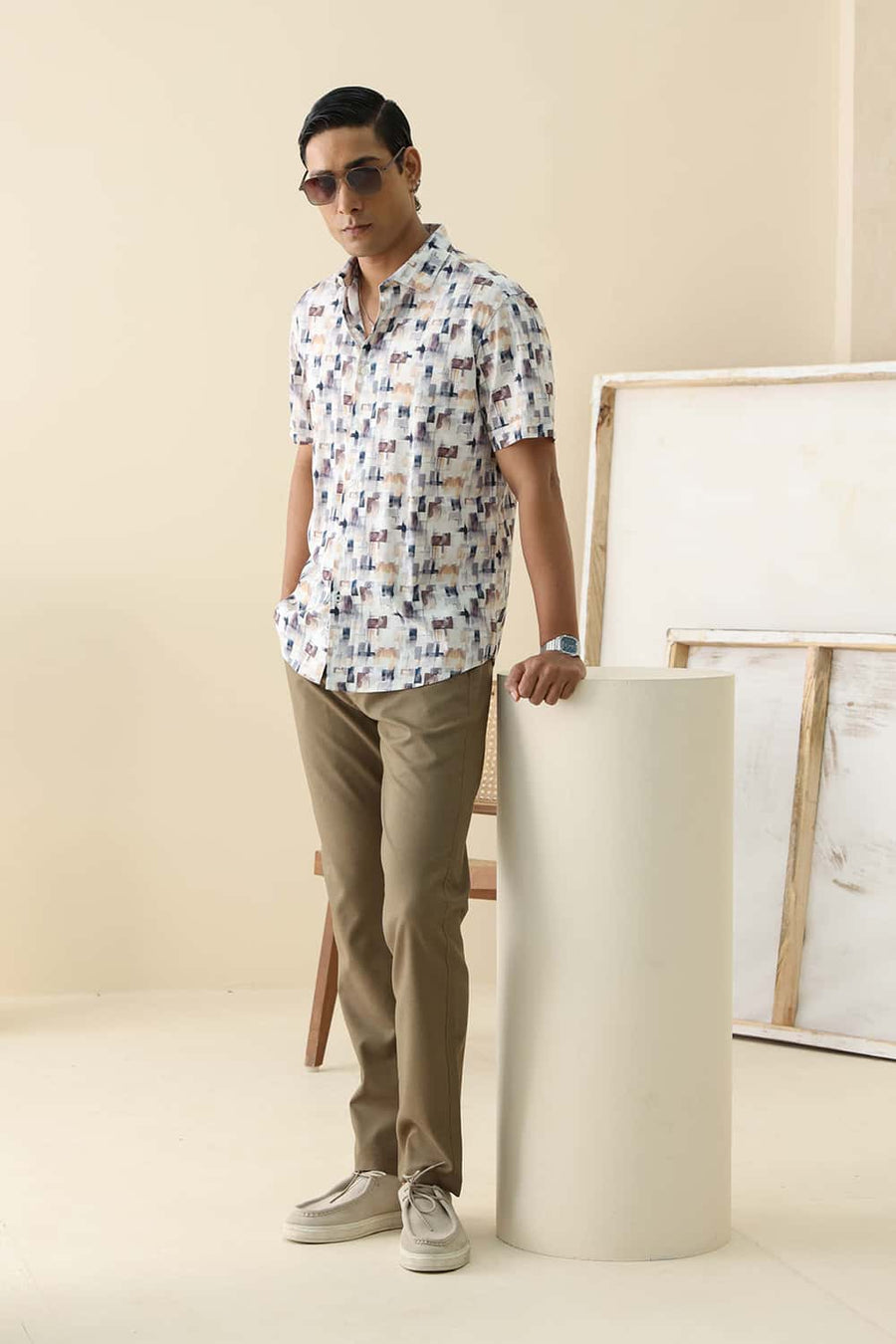 Basics Slim Fit Cloud Navy Cotton Viscose Digital Printed Halfsleeves Shirt
