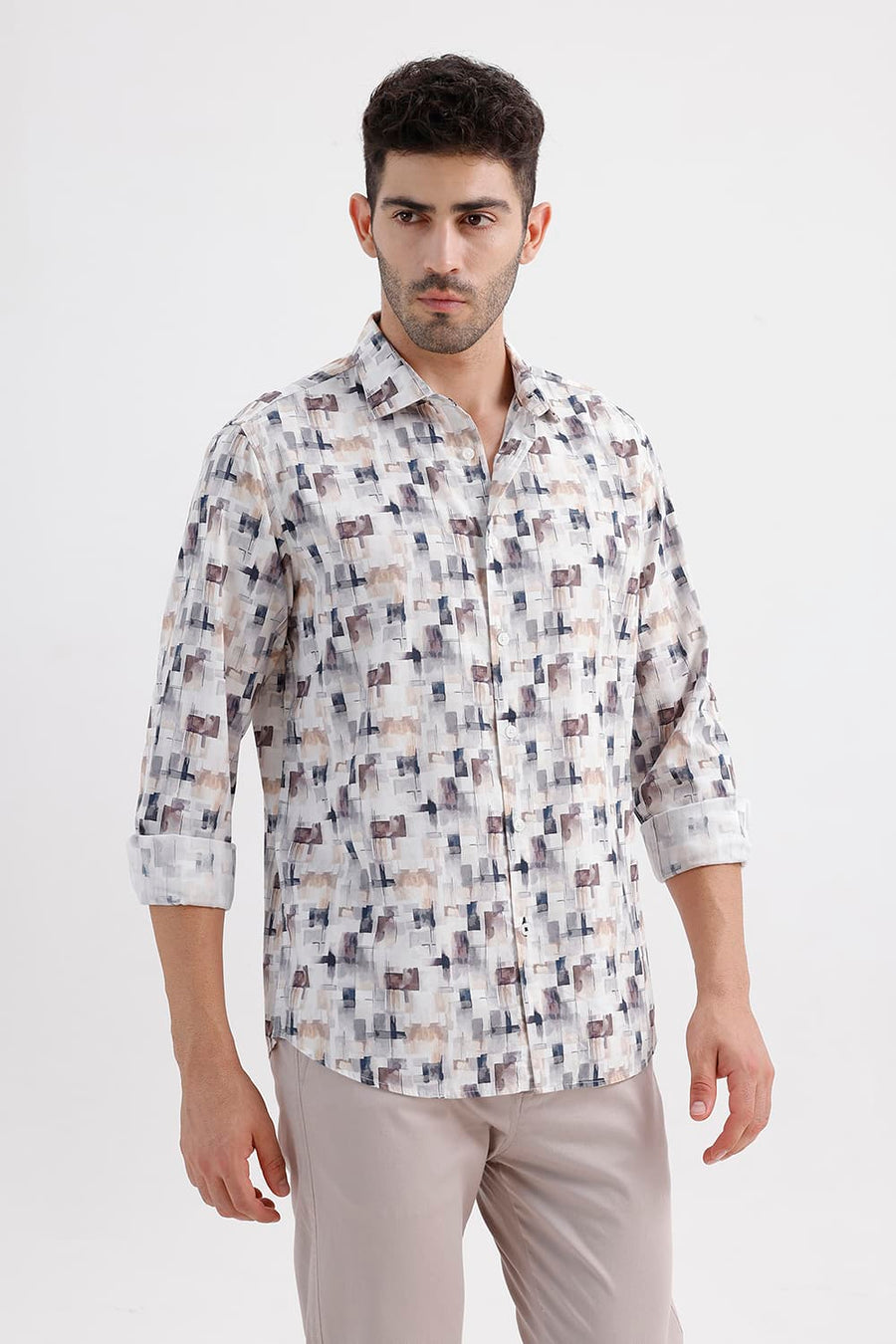BASICS SLIM FIT CLOUD NAVY COTTON VISCOSE DIGITAL PRINTED SHIRT