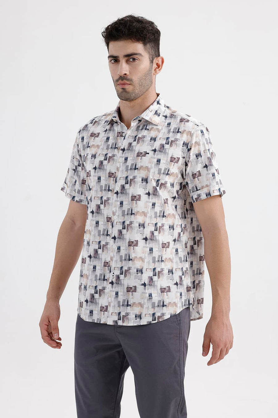BASICS SLIM FIT CLOUD NAVY COTTON VISCOSE DIGITAL PRINTED HALFSLEEVES SHIRT