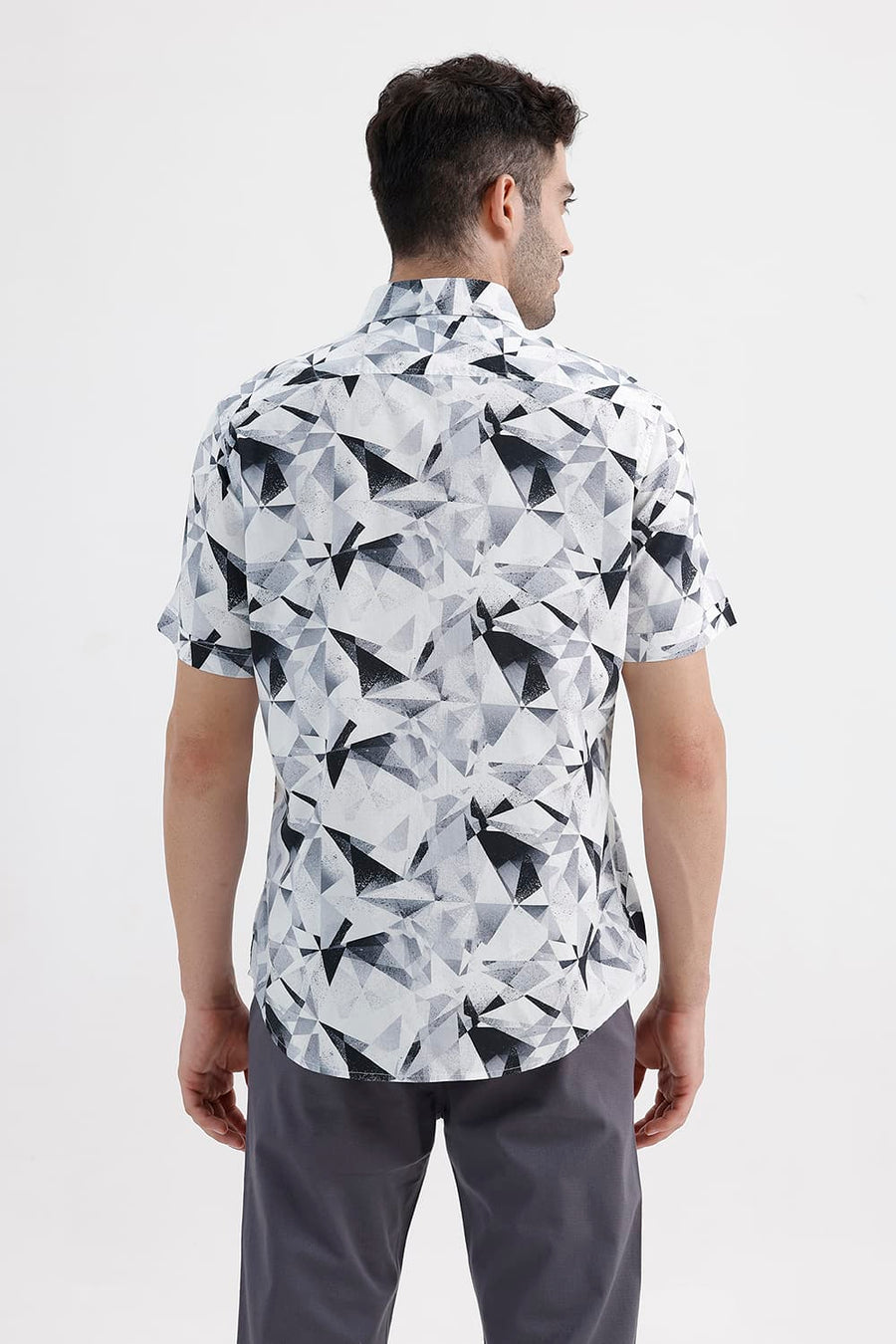 BASICS SLIM FIT LUCENT WHITE COTTON VISCOSE DIGITAL PRINTED HALFSLEEVES SHIRT