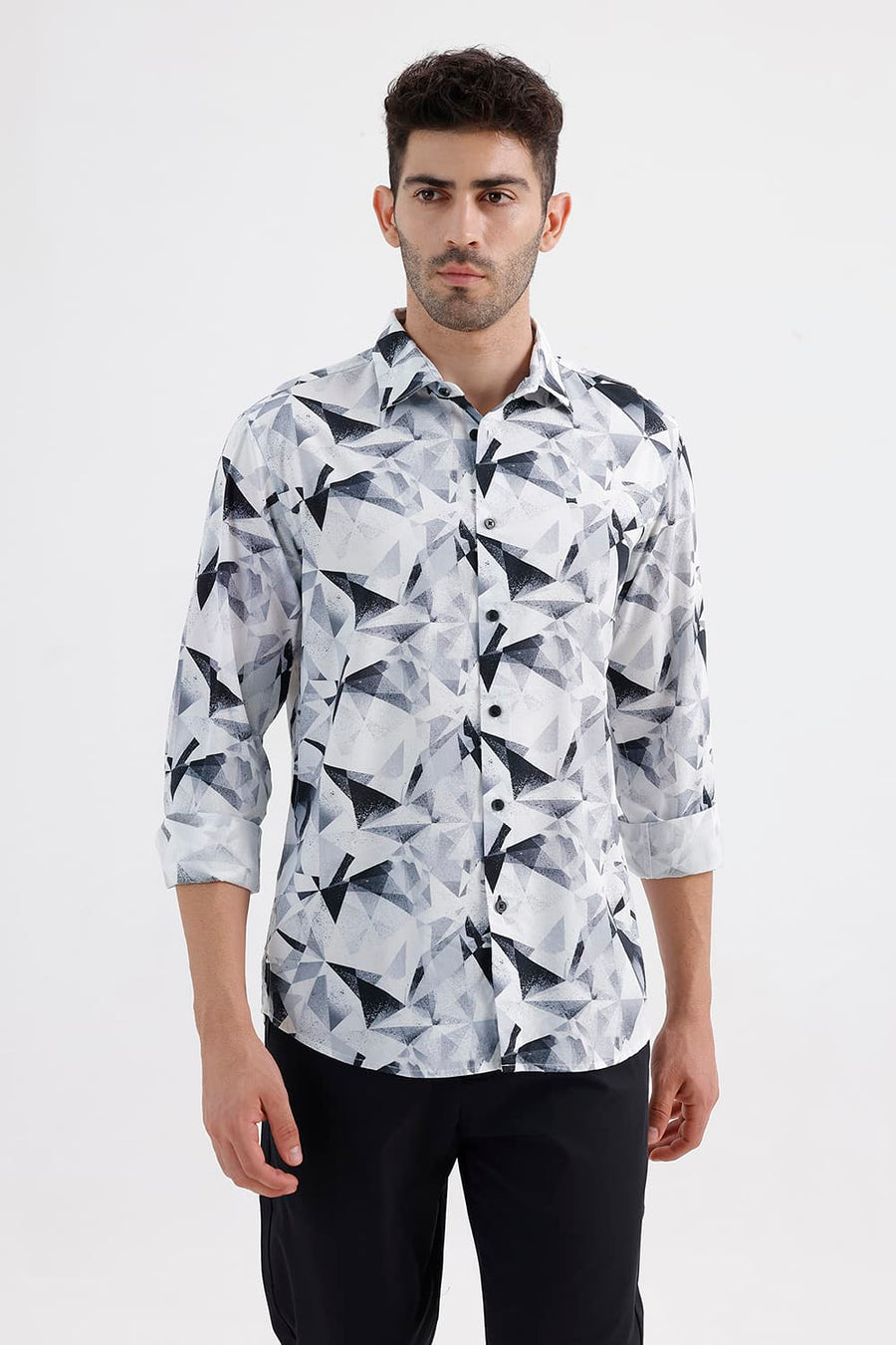 BASICS SLIM FIT LUCENT WHITE COTTON VISCOSE DIGITAL PRINTED SHIRT