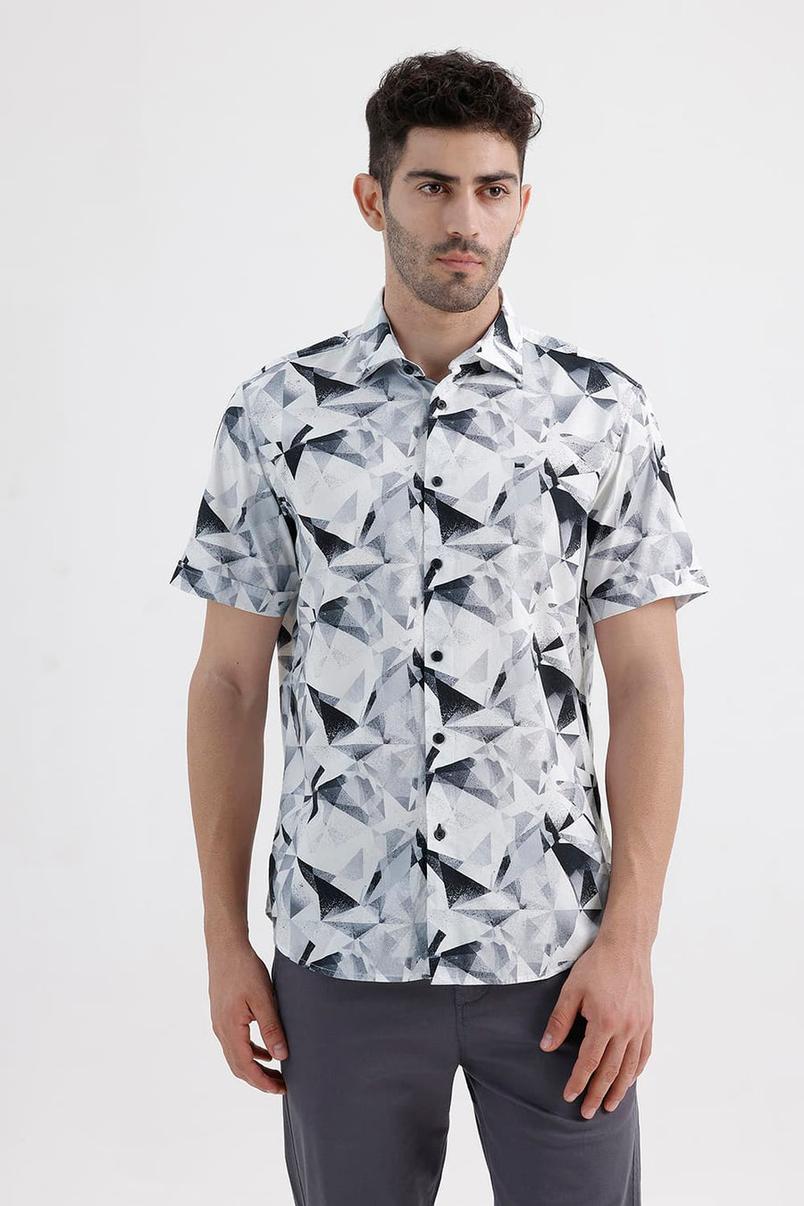 BASICS SLIM FIT LUCENT WHITE COTTON VISCOSE DIGITAL PRINTED HALFSLEEVES SHIRT