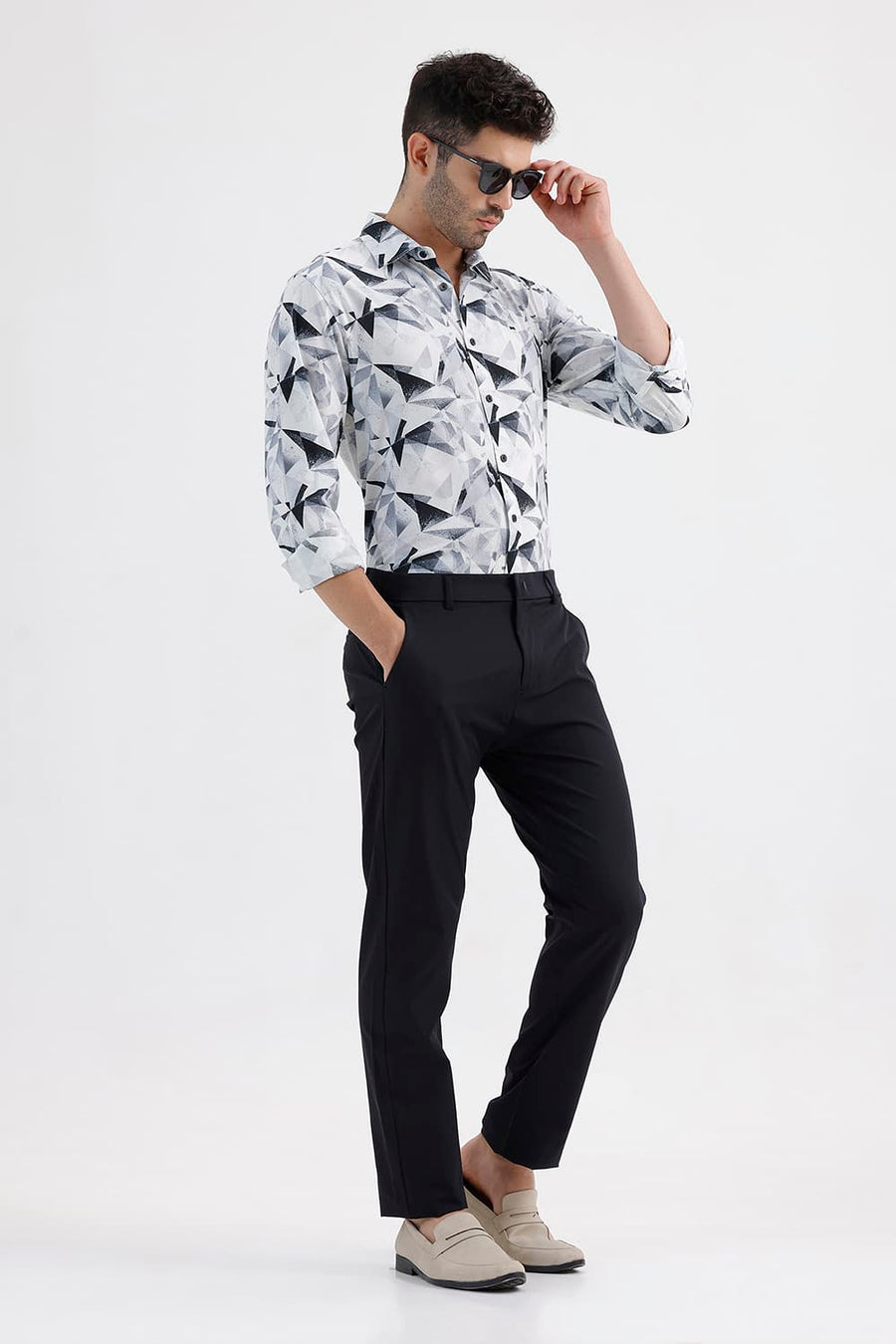 BASICS SLIM FIT LUCENT WHITE COTTON VISCOSE DIGITAL PRINTED SHIRT