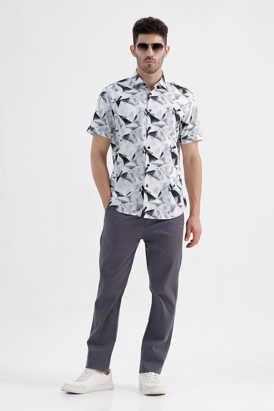BASICS SLIM FIT LUCENT WHITE COTTON VISCOSE DIGITAL PRINTED HALFSLEEVES SHIRT