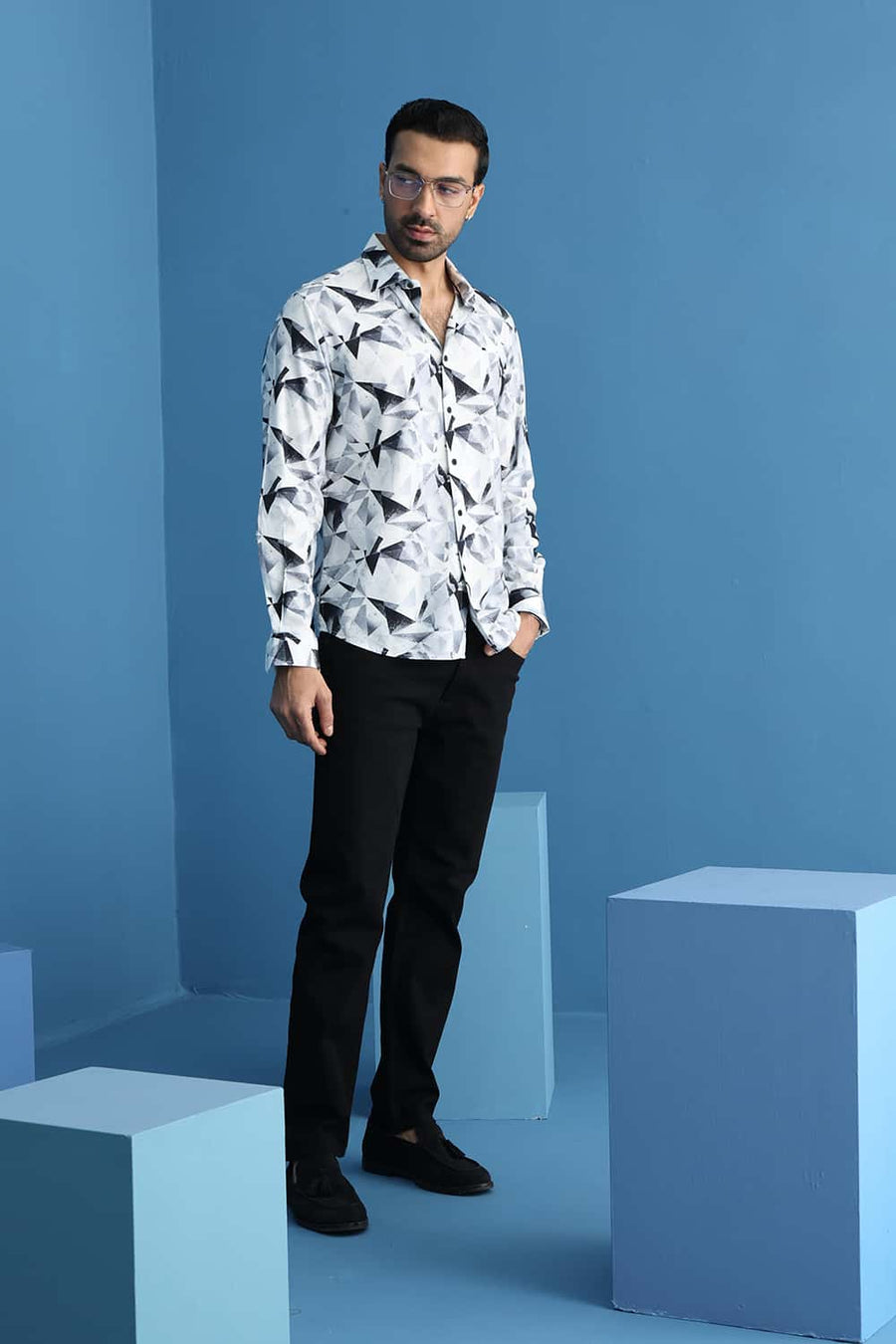 Basics Slim Fit Lucent White Cotton Viscose Digital Printed Shirt