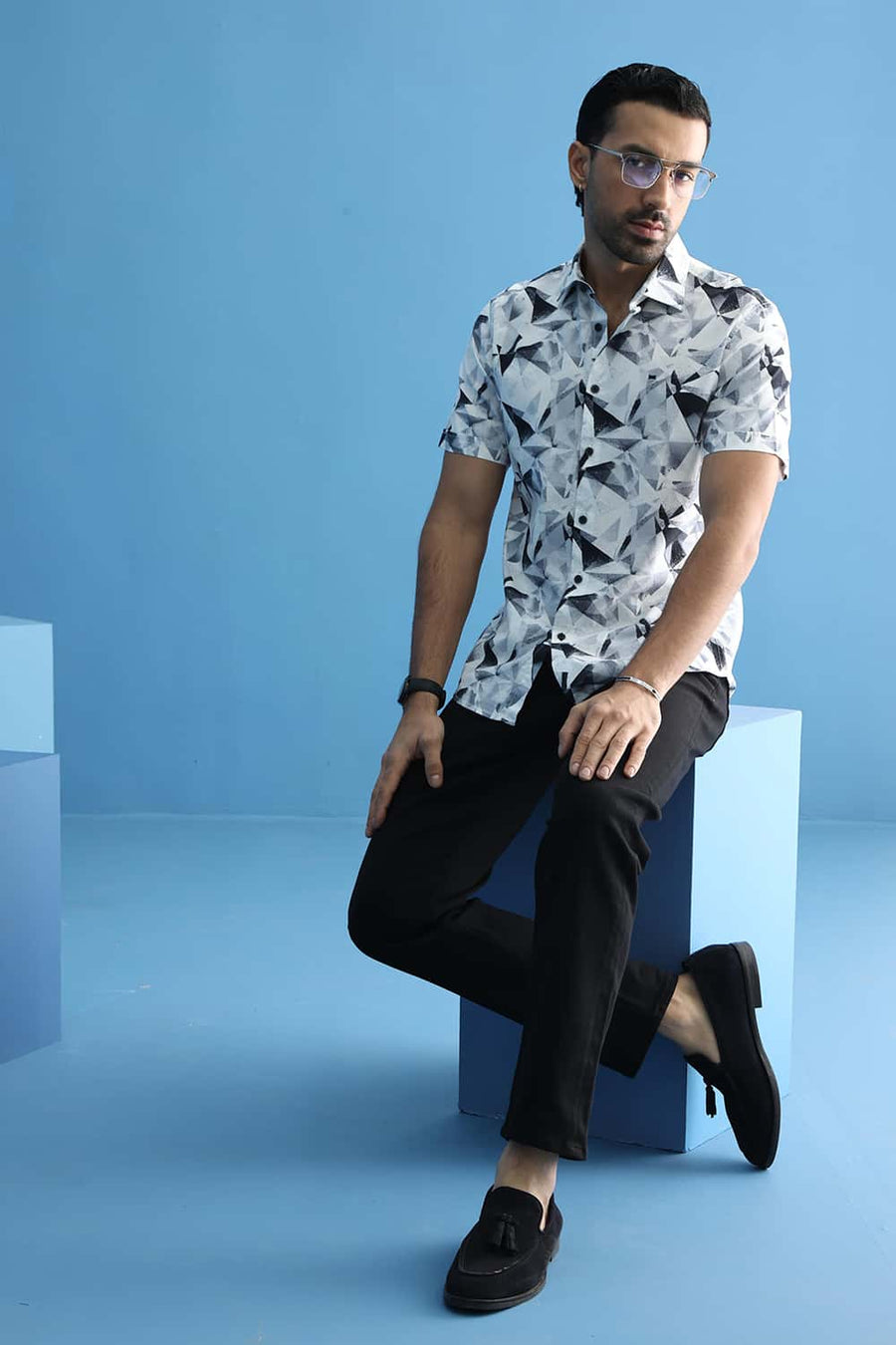 Basics Slim Fit Lucent White Cotton Viscose Digital Printed Halfsleeves Shirt