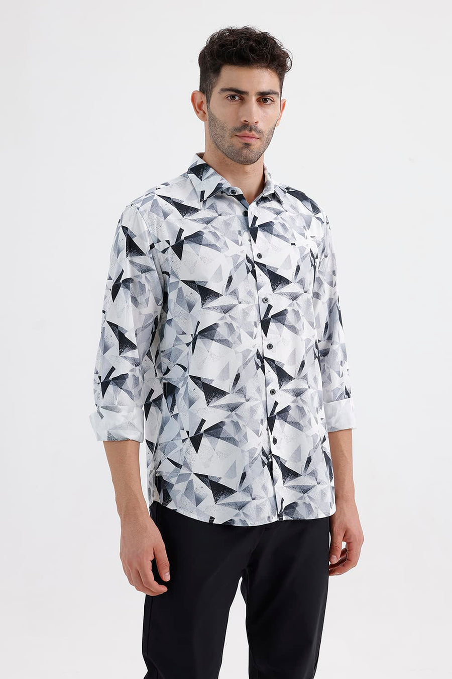 BASICS SLIM FIT LUCENT WHITE COTTON VISCOSE DIGITAL PRINTED SHIRT