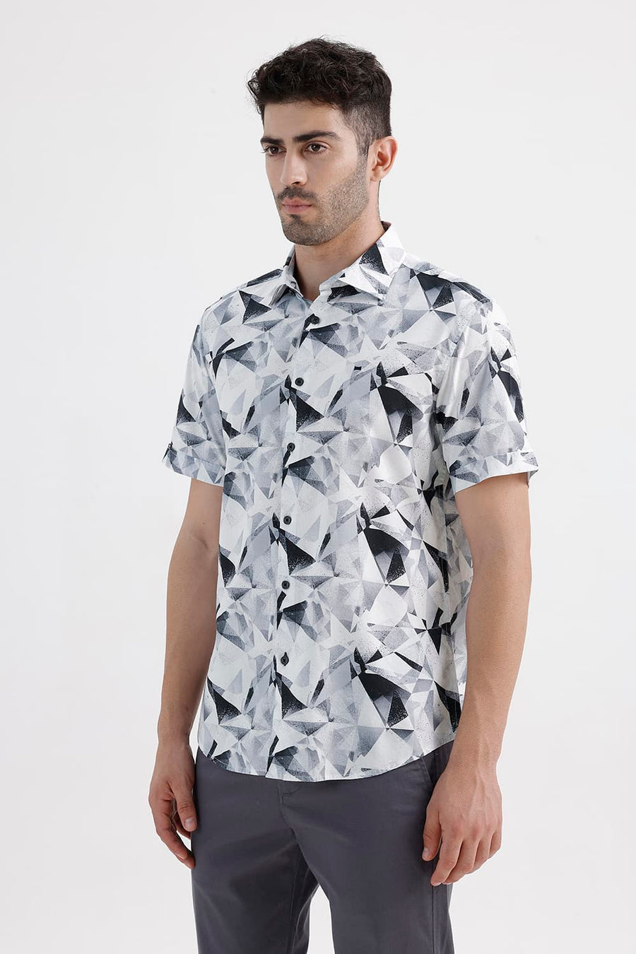 BASICS SLIM FIT LUCENT WHITE COTTON VISCOSE DIGITAL PRINTED HALFSLEEVES SHIRT