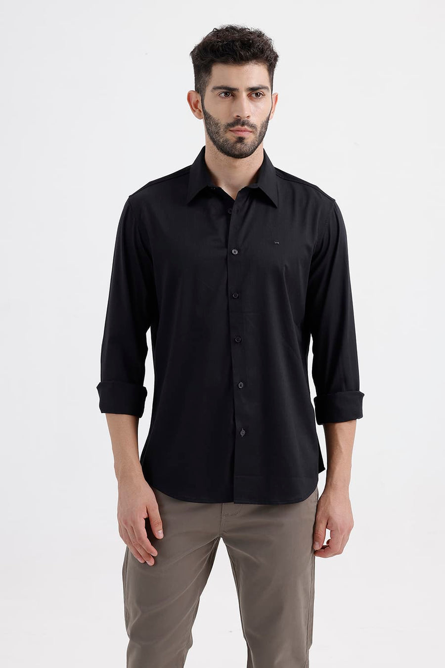 BASICS SLIM FIT PHANTOM BLACK BAMBOO POLYESTER STRETCH TWILL SHIRT