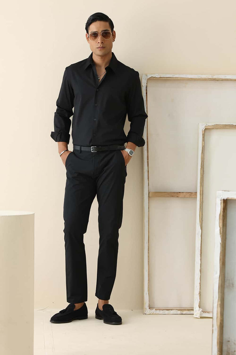 Basics Slim Fit Phantom Black Bamboo Polyester Stretch Twill Shirt