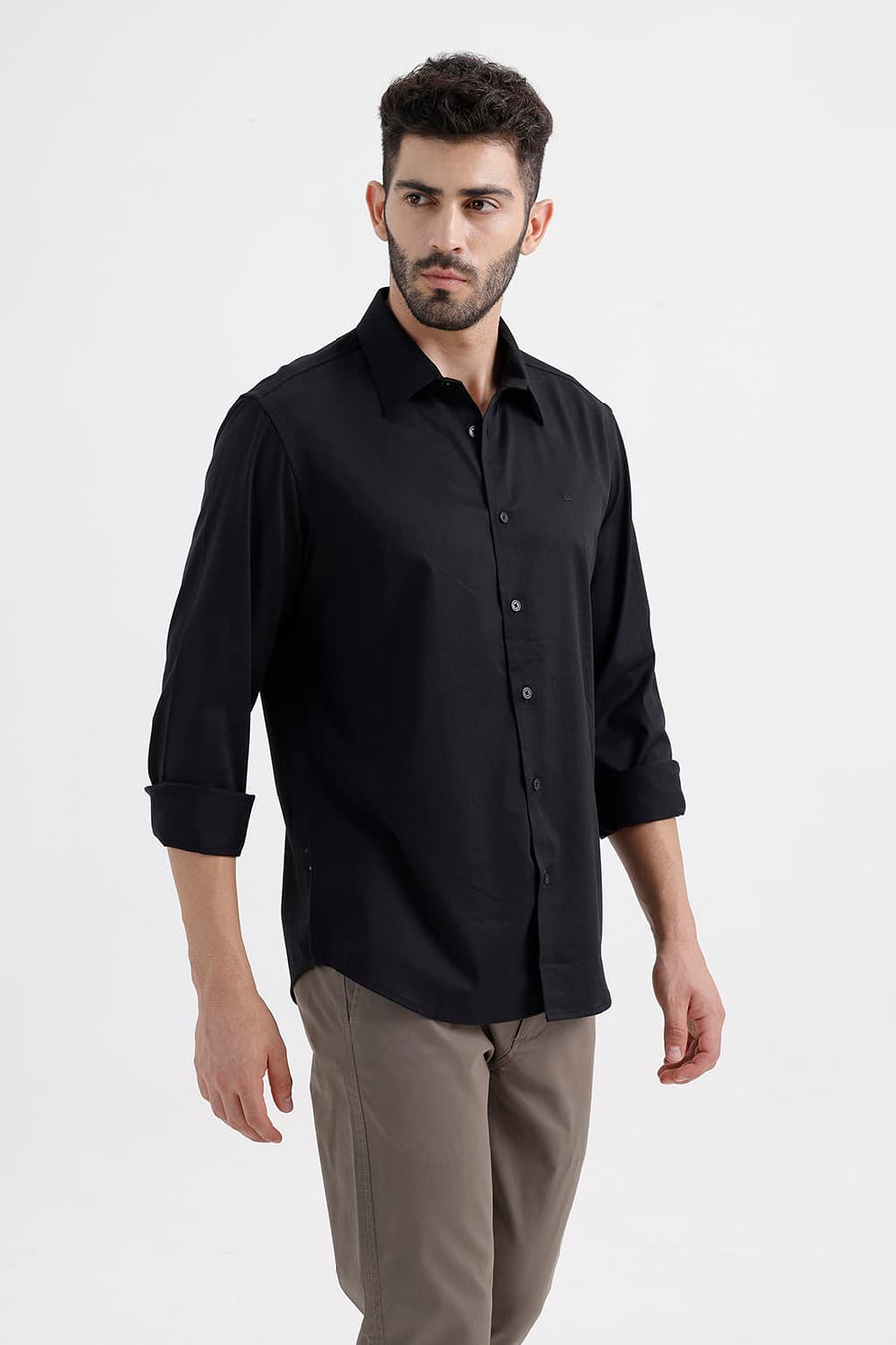 BASICS SLIM FIT PHANTOM BLACK BAMBOO POLYESTER STRETCH TWILL SHIRT