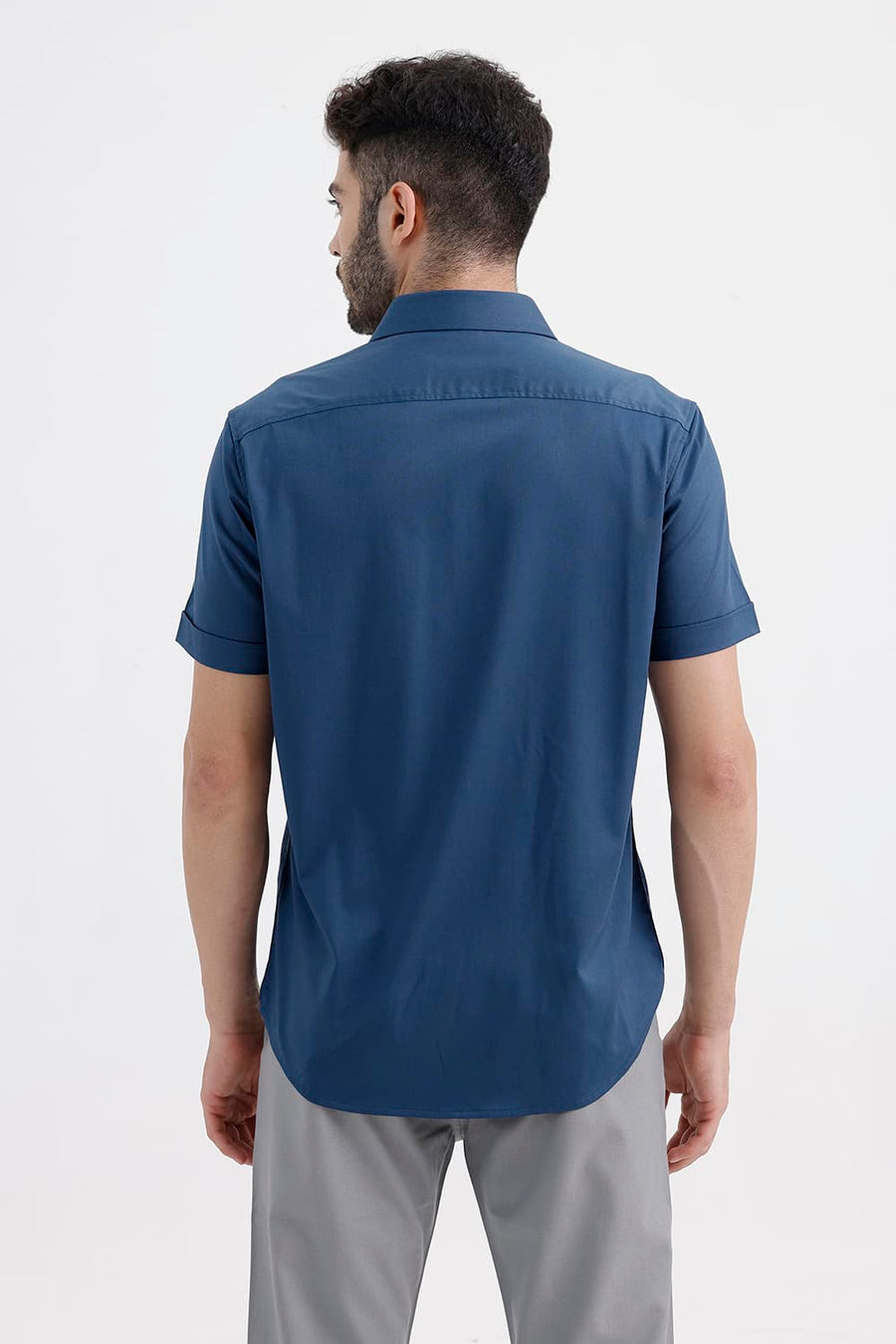 BASICS SLIM FIT POSEIDON NAVY BAMBOO POLYESTER STRETCH TWILL HALFSLEEVES SHIRT
