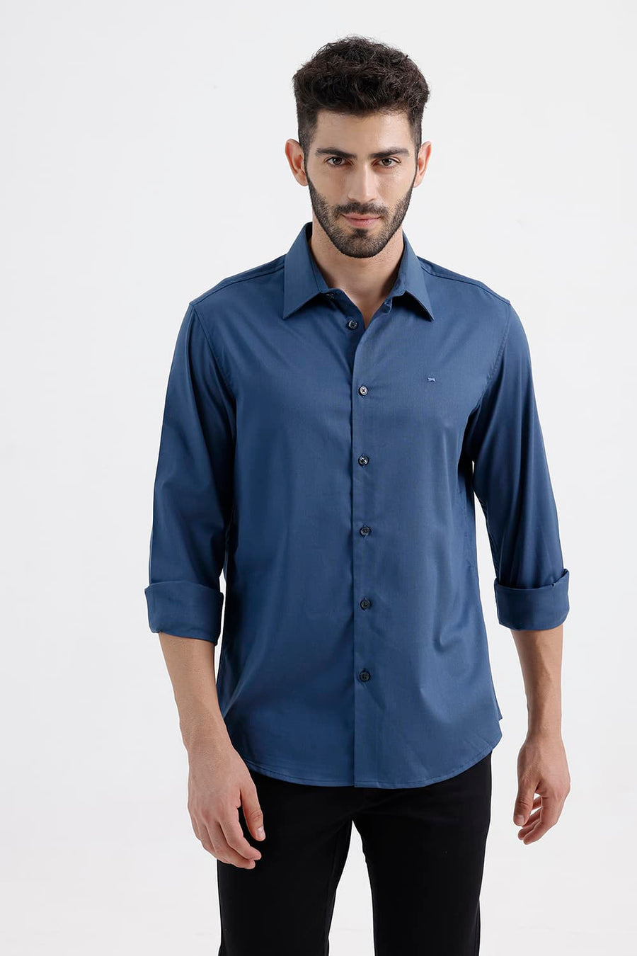 BASICS SLIM FIT POSEIDON NAVY BAMBOO POLYESTER STRETCH TWILL SHIRT