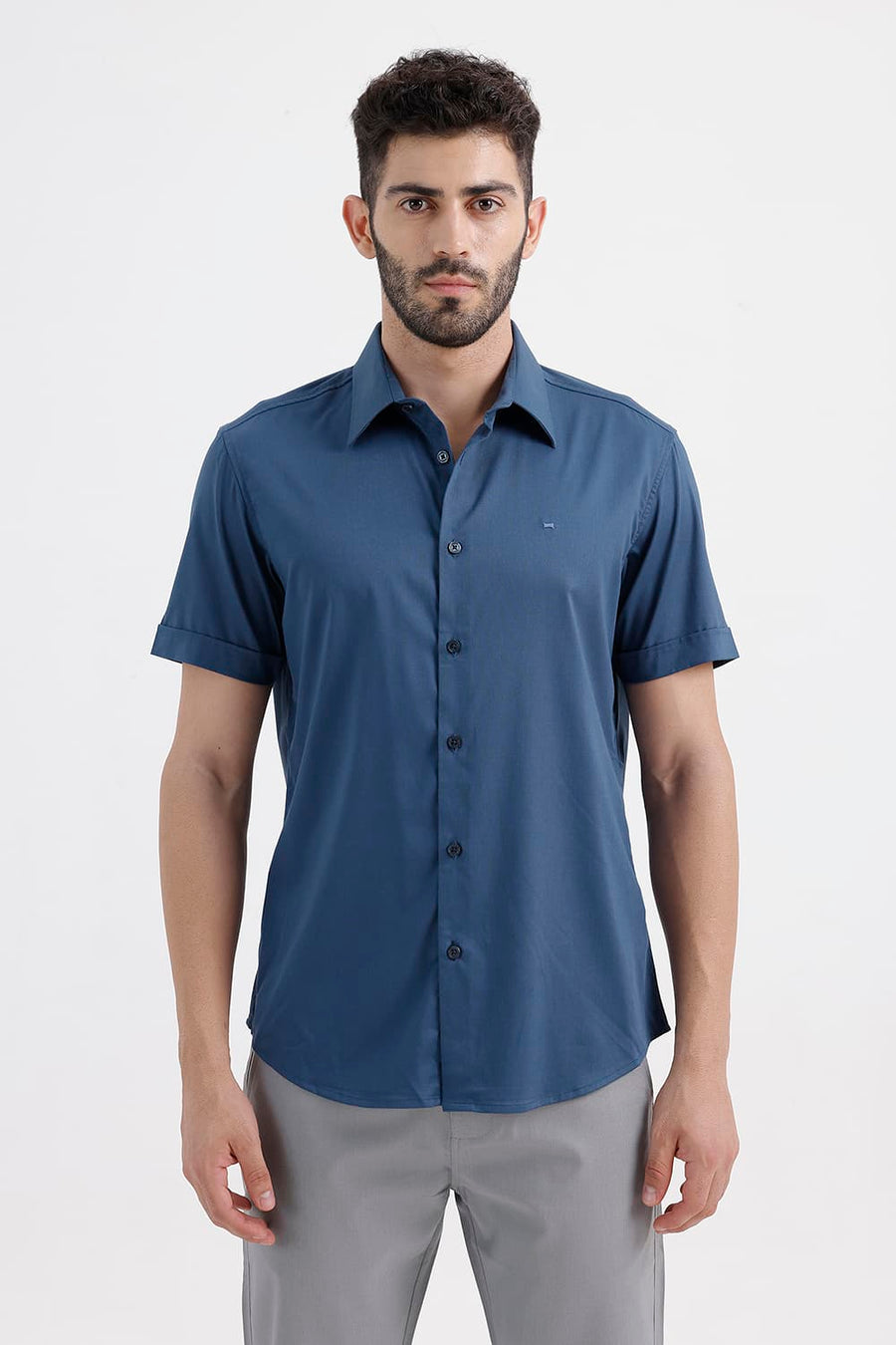 BASICS SLIM FIT POSEIDON NAVY BAMBOO POLYESTER STRETCH TWILL HALFSLEEVES SHIRT