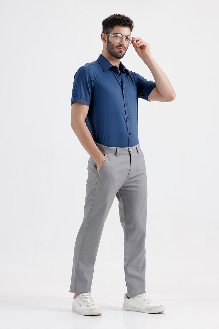 BASICS SLIM FIT POSEIDON NAVY BAMBOO POLYESTER STRETCH TWILL HALFSLEEVES SHIRT