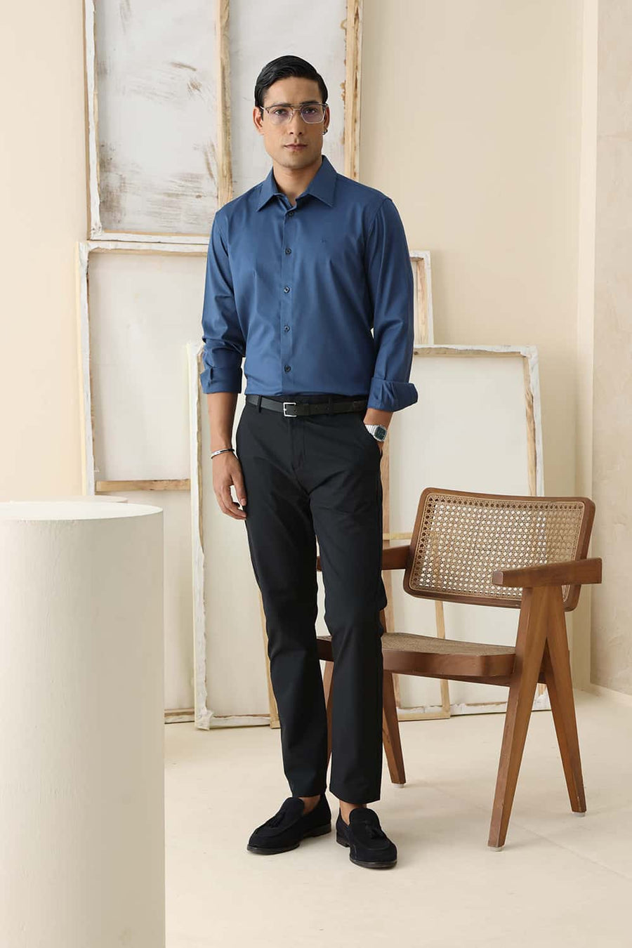 Basics Slim Fit Poseidon Navy Bamboo Polyester Stretch Twill Shirt