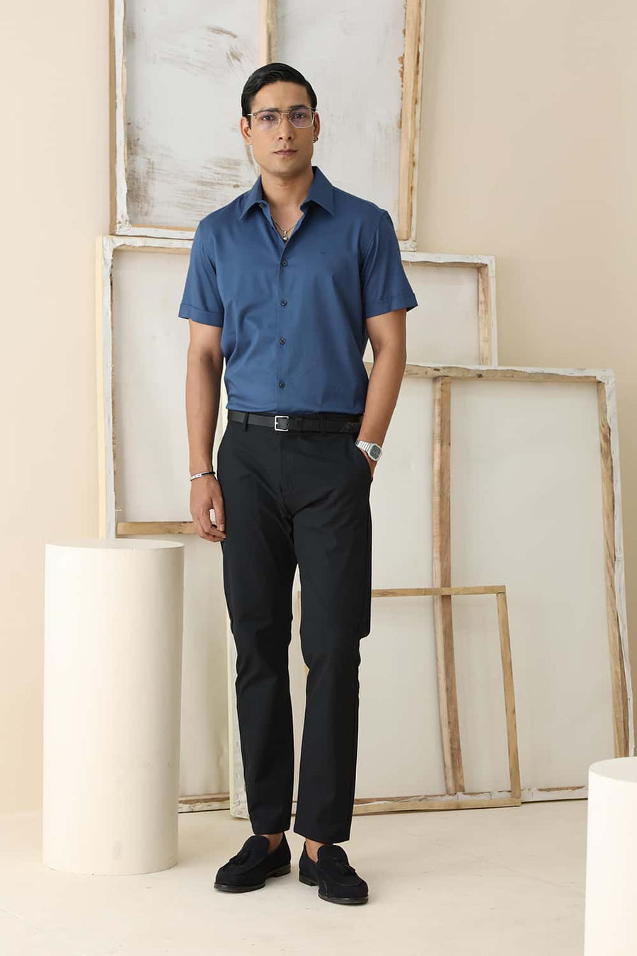 Basics Slim Fit Poseidon Navy Bamboo Polyester Stretch Twill Halfsleeves Shirt