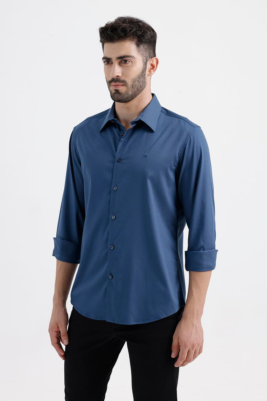 BASICS SLIM FIT POSEIDON NAVY BAMBOO POLYESTER STRETCH TWILL SHIRT