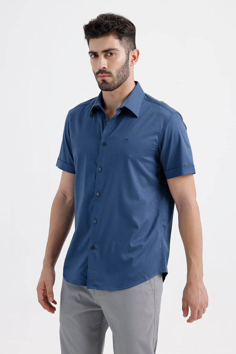 BASICS SLIM FIT POSEIDON NAVY BAMBOO POLYESTER STRETCH TWILL HALFSLEEVES SHIRT