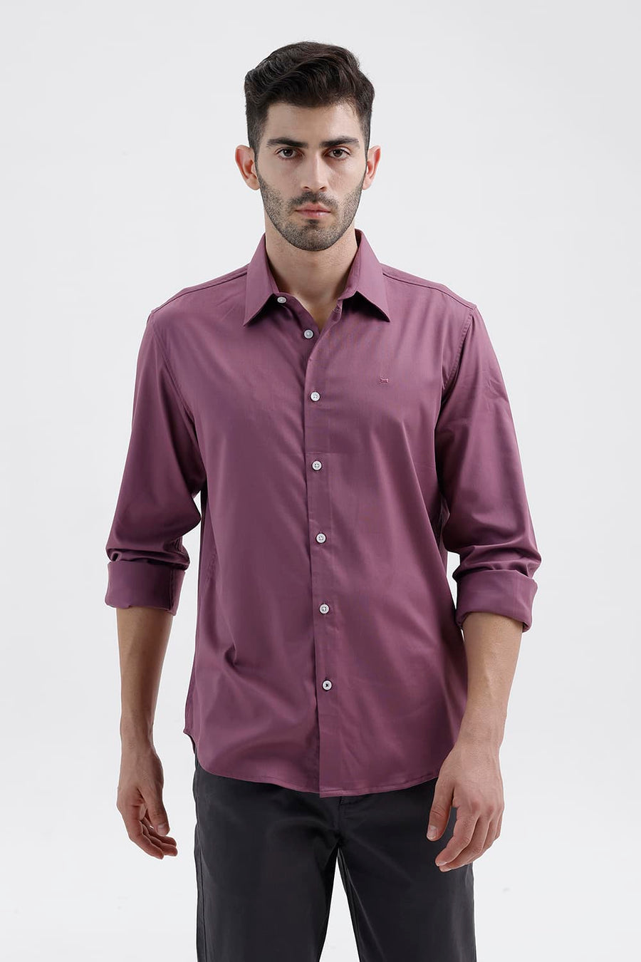BASICS SLIM FIT TULIPWOOD PURPLE BAMBOO POLYESTER STRETCH TWILL SHIRT
