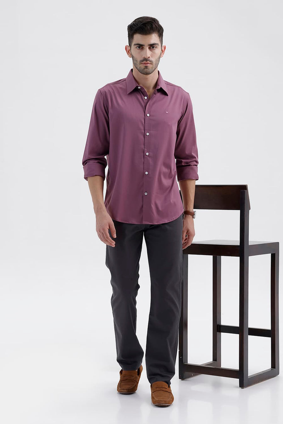 BASICS SLIM FIT TULIPWOOD PURPLE BAMBOO POLYESTER STRETCH TWILL SHIRT