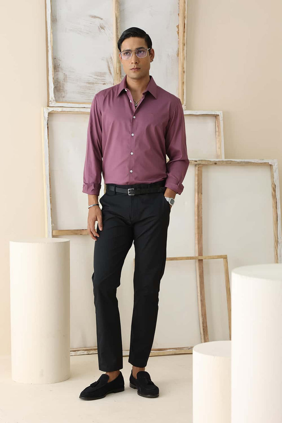 Basics Slim Fit Tulipwood Purple Bamboo Polyester Stretch Twill Shirt