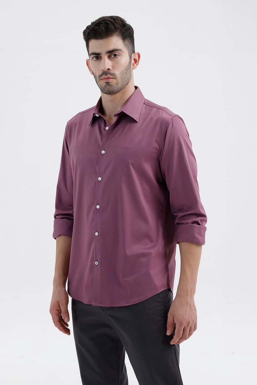 BASICS SLIM FIT TULIPWOOD PURPLE BAMBOO POLYESTER STRETCH TWILL SHIRT