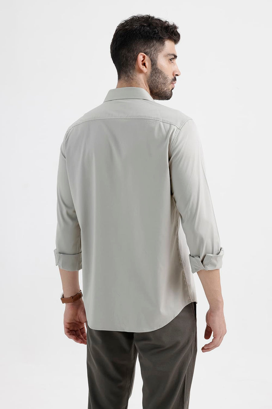 BASICS SLIM FIT MINERAL GRAY BAMBOO POLYESTER STRETCH TWILL SHIRT