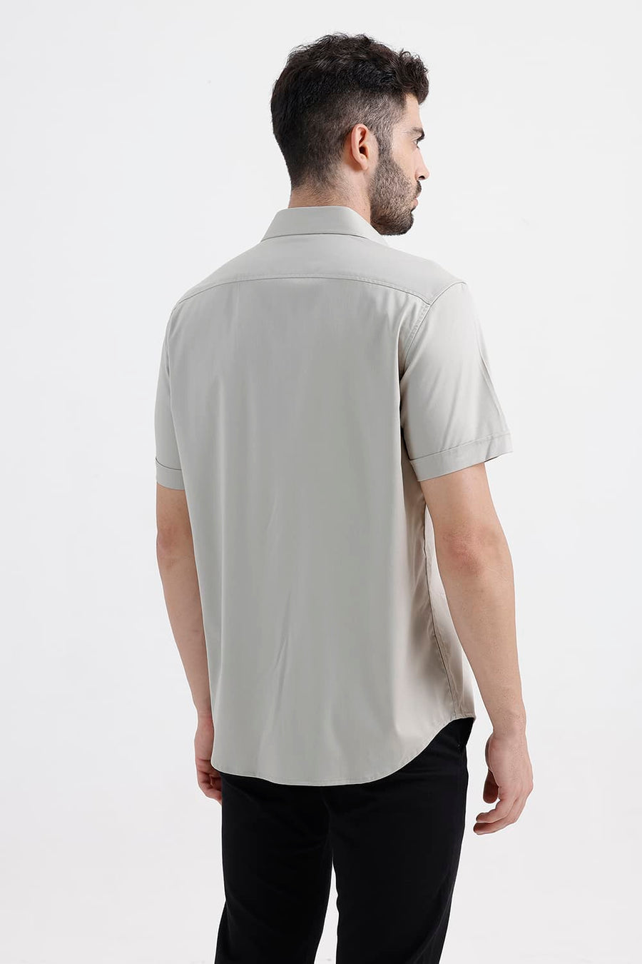 BASICS SLIM FIT MINERAL GRAY BAMBOO POLYESTER STRETCH TWILL HALFSLEEVES SHIRT