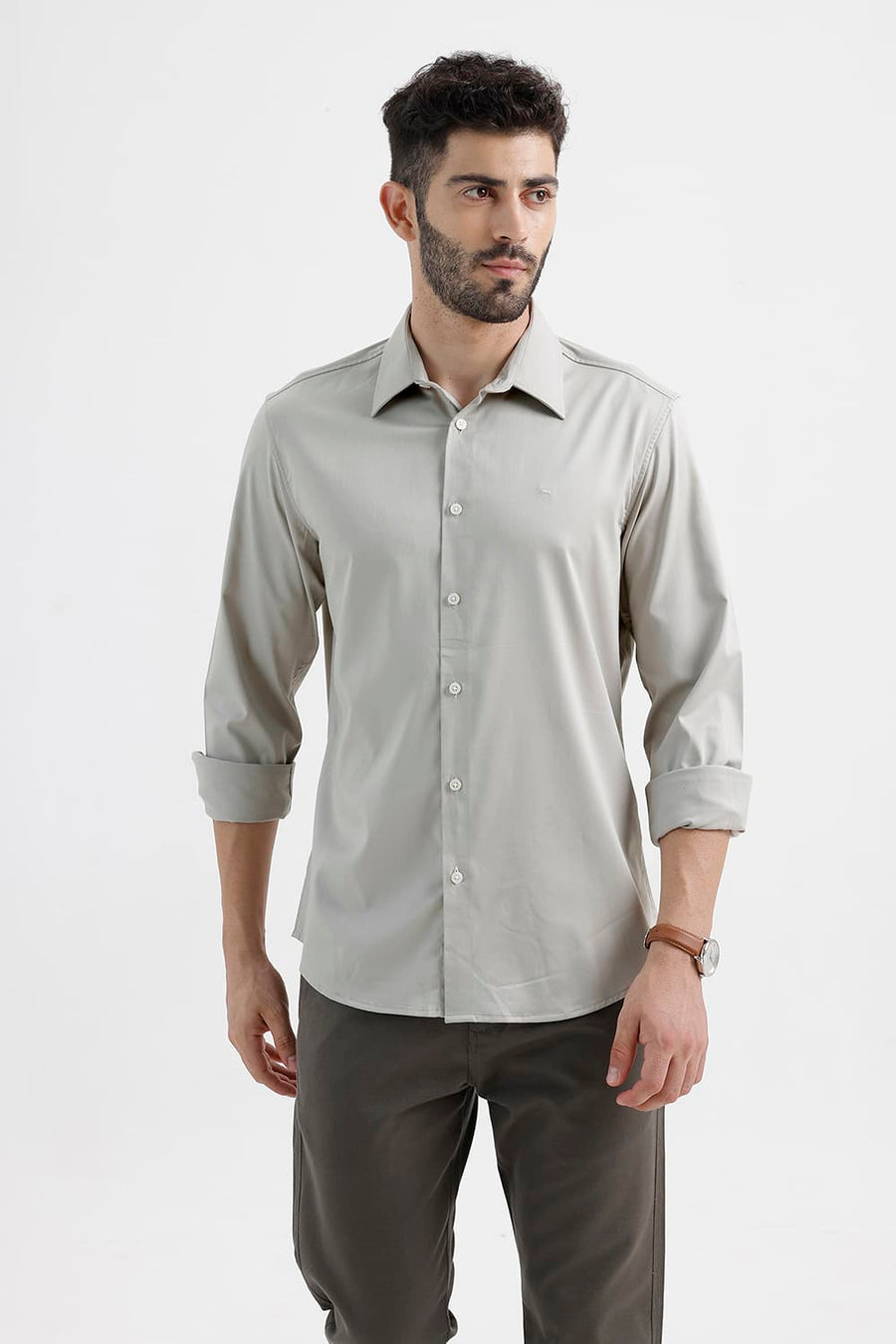 BASICS SLIM FIT MINERAL GRAY BAMBOO POLYESTER STRETCH TWILL SHIRT