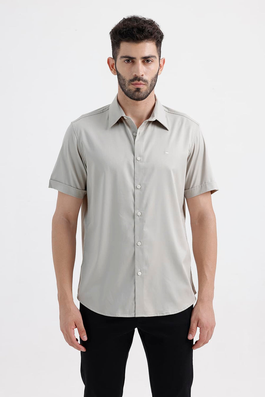 BASICS SLIM FIT MINERAL GRAY BAMBOO POLYESTER STRETCH TWILL HALFSLEEVES SHIRT