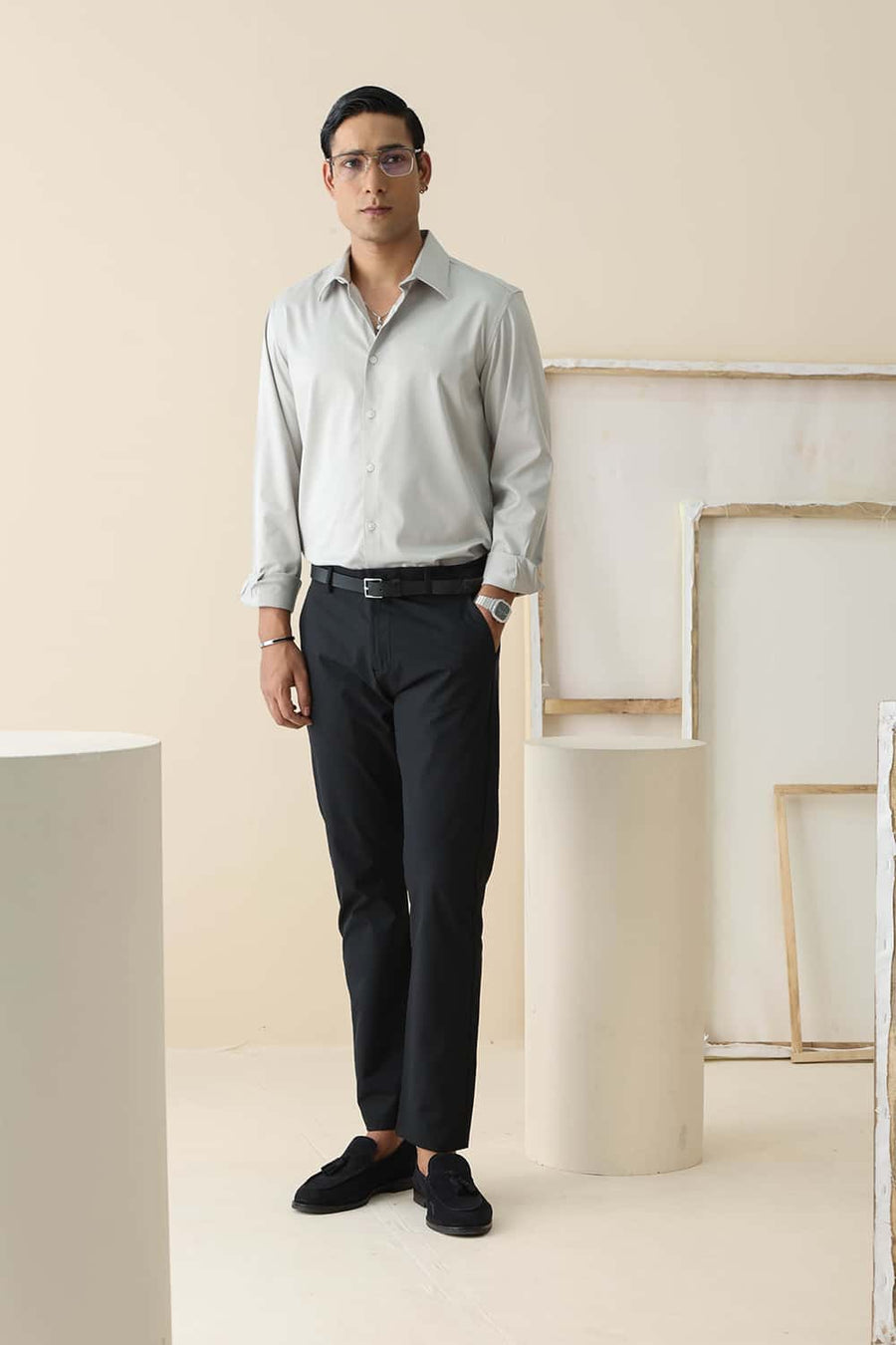Basics Slim Fit Mineral Gray Bamboo Polyester Stretch Twill Shirt
