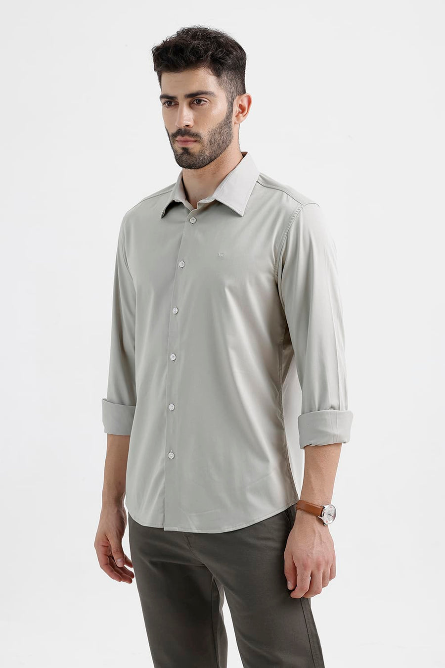BASICS SLIM FIT MINERAL GRAY BAMBOO POLYESTER STRETCH TWILL SHIRT