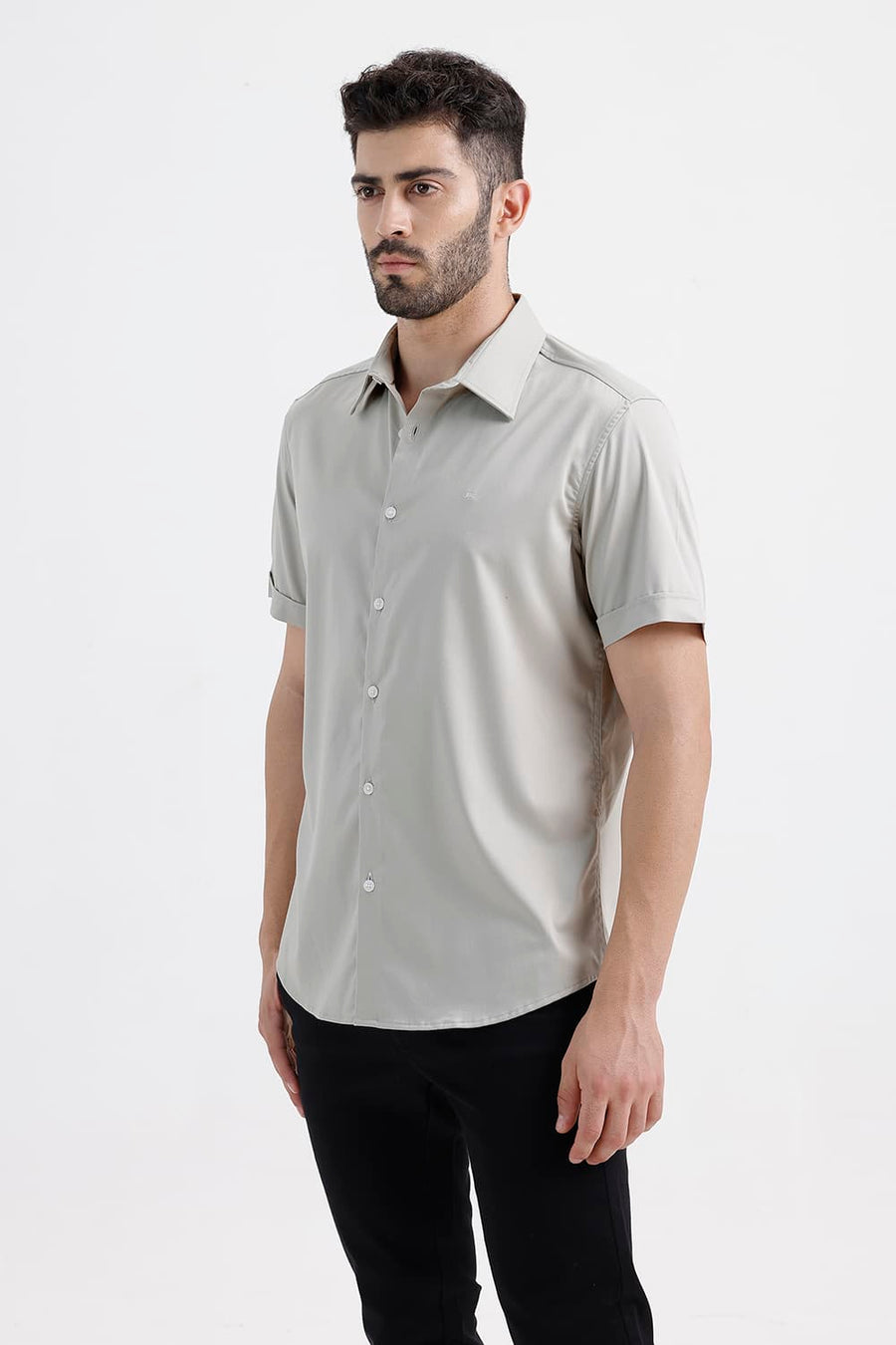 BASICS SLIM FIT MINERAL GRAY BAMBOO POLYESTER STRETCH TWILL HALFSLEEVES SHIRT