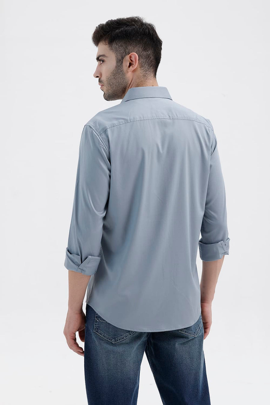 BASICS SLIM FIT ARONA BLUE BAMBOO POLYESTER STRETCH TWILL SHIRT