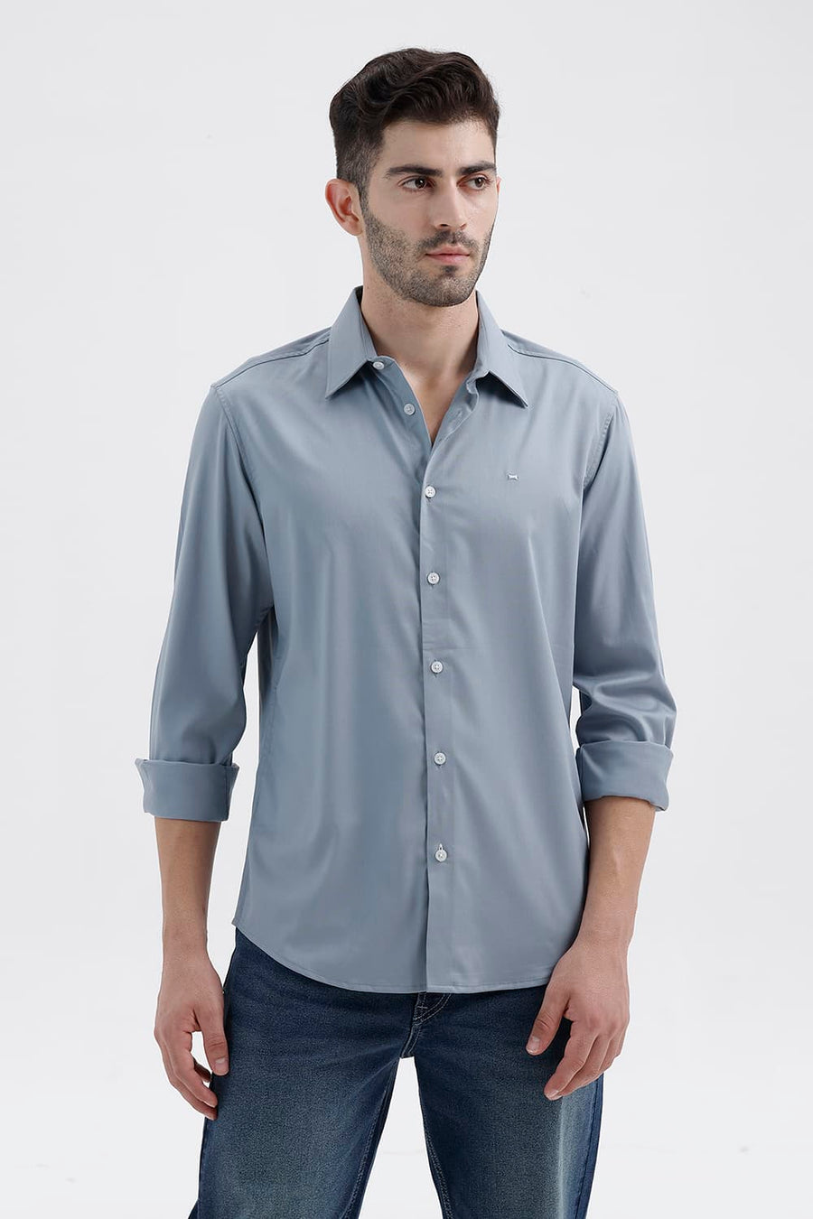 BASICS SLIM FIT ARONA BLUE BAMBOO POLYESTER STRETCH TWILL SHIRT