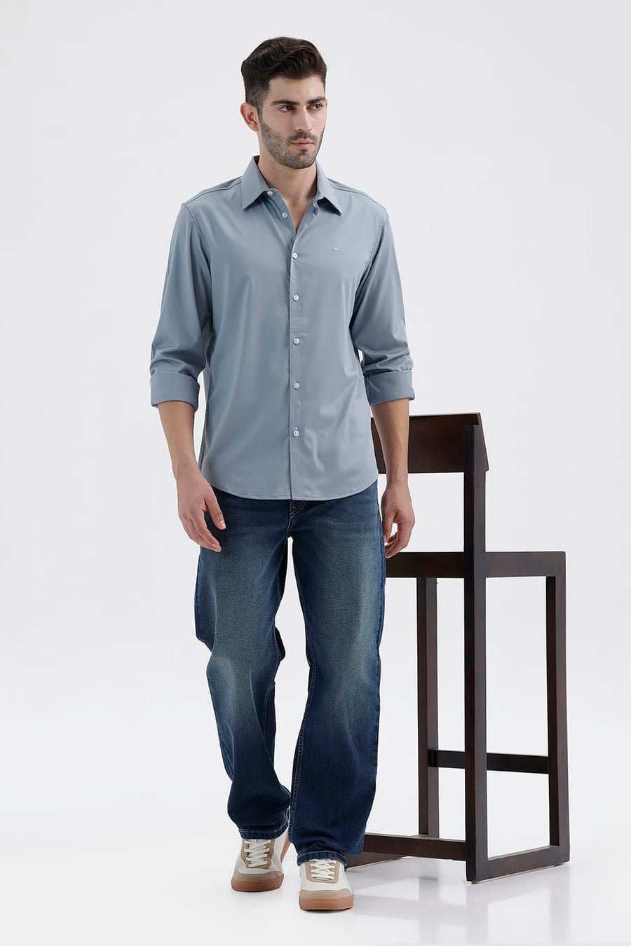 BASICS SLIM FIT ARONA BLUE BAMBOO POLYESTER STRETCH TWILL SHIRT