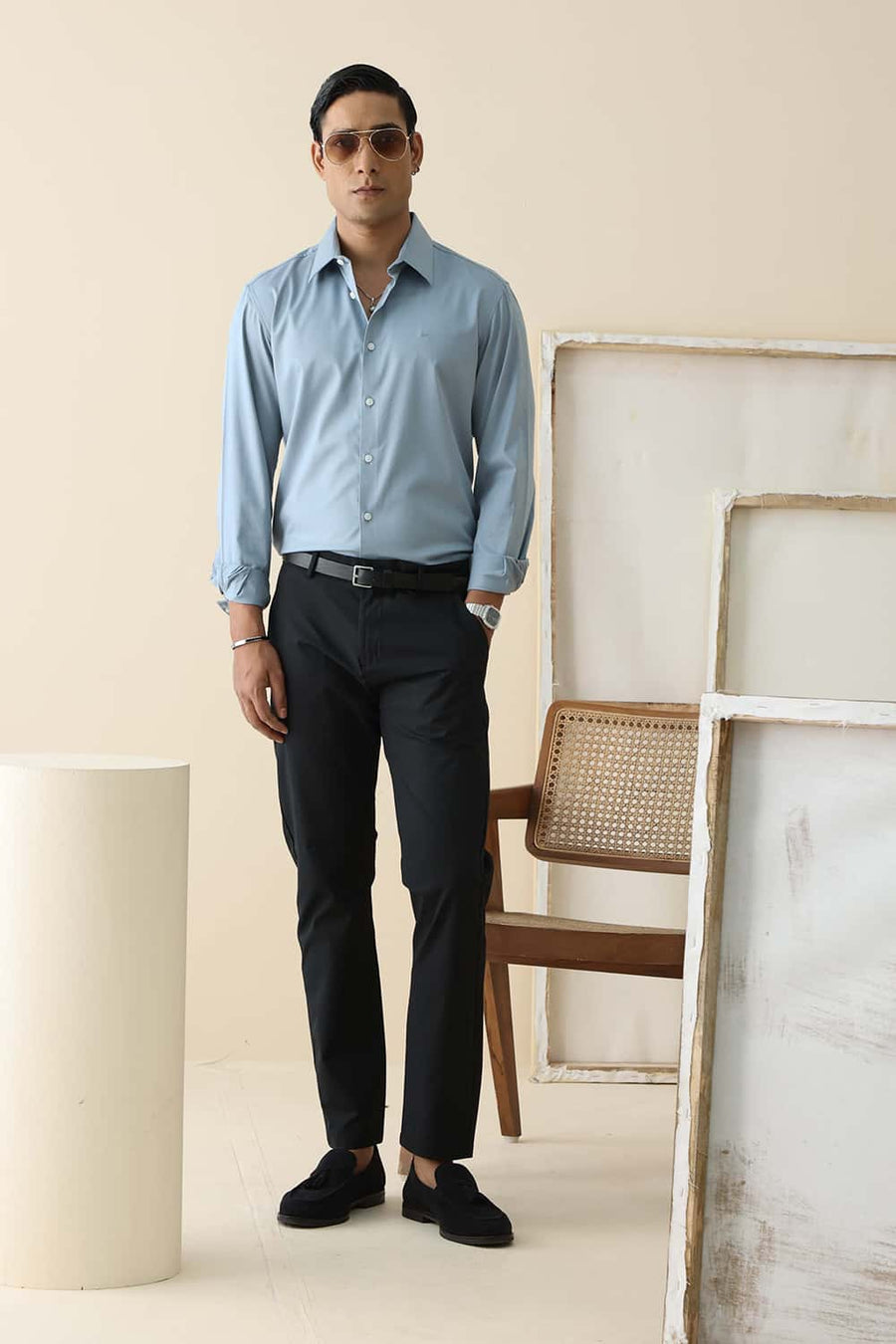 Basics Slim Fit Arona Blue Bamboo Polyester Stretch Twill Shirt