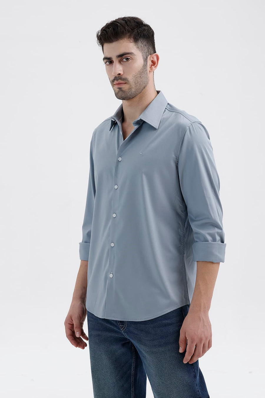 BASICS SLIM FIT ARONA BLUE BAMBOO POLYESTER STRETCH TWILL SHIRT