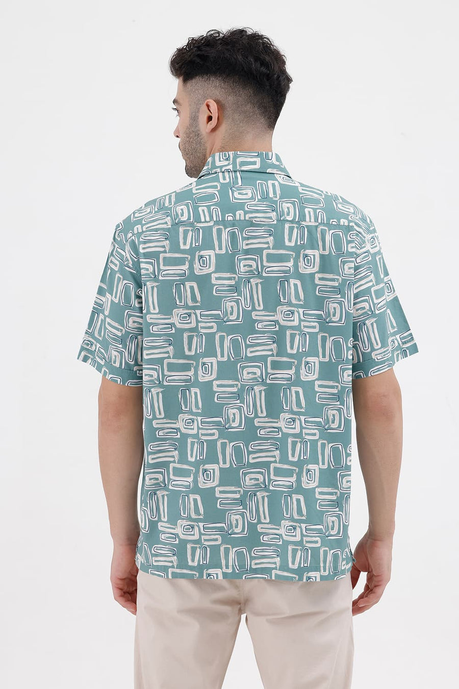 BASICS RELAXED FIT BERYL GREEN COTTON VISCOSE DIGITAL PRINTED HALFSLEEVES SHIRT