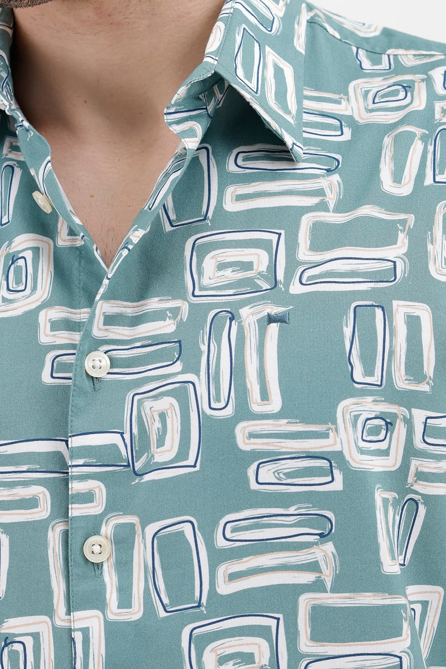BASICS RELAXED FIT BERYL GREEN COTTON VISCOSE DIGITAL PRINTED HALFSLEEVES SHIRT