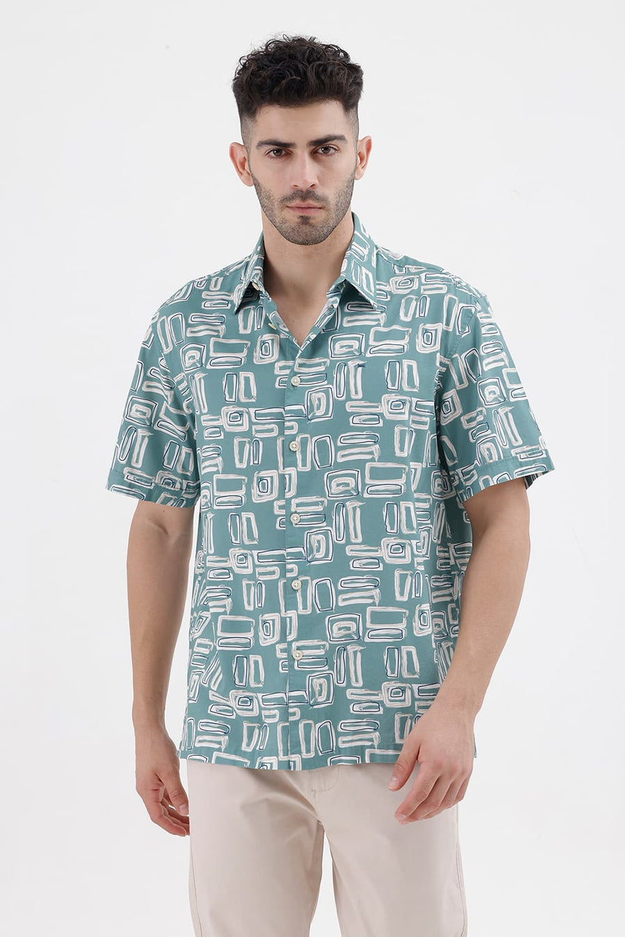 BASICS RELAXED FIT BERYL GREEN COTTON VISCOSE DIGITAL PRINTED HALFSLEEVES SHIRT