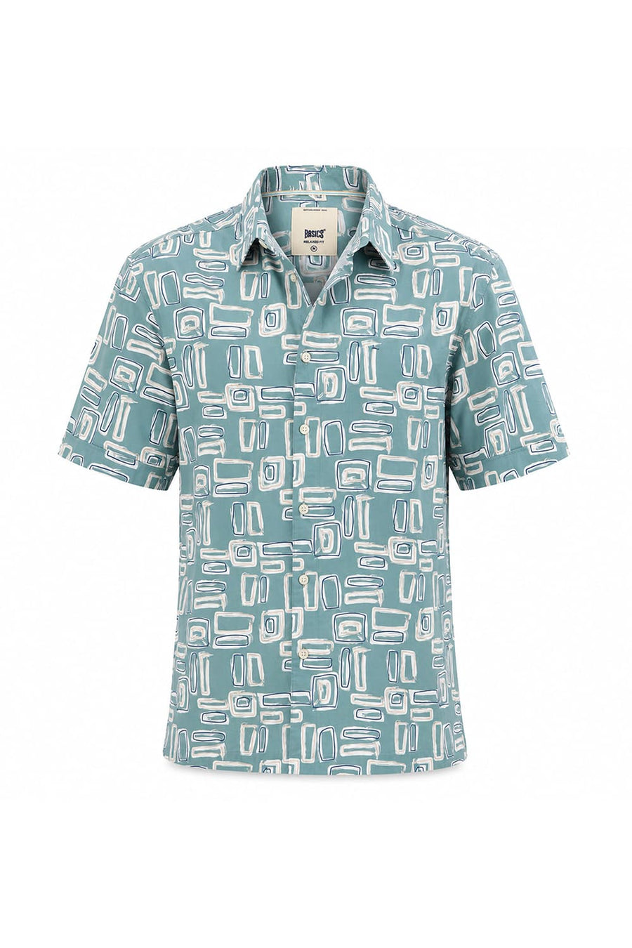 BASICS RELAXED FIT BERYL GREEN COTTON VISCOSE DIGITAL PRINTED HALFSLEEVES SHIRT