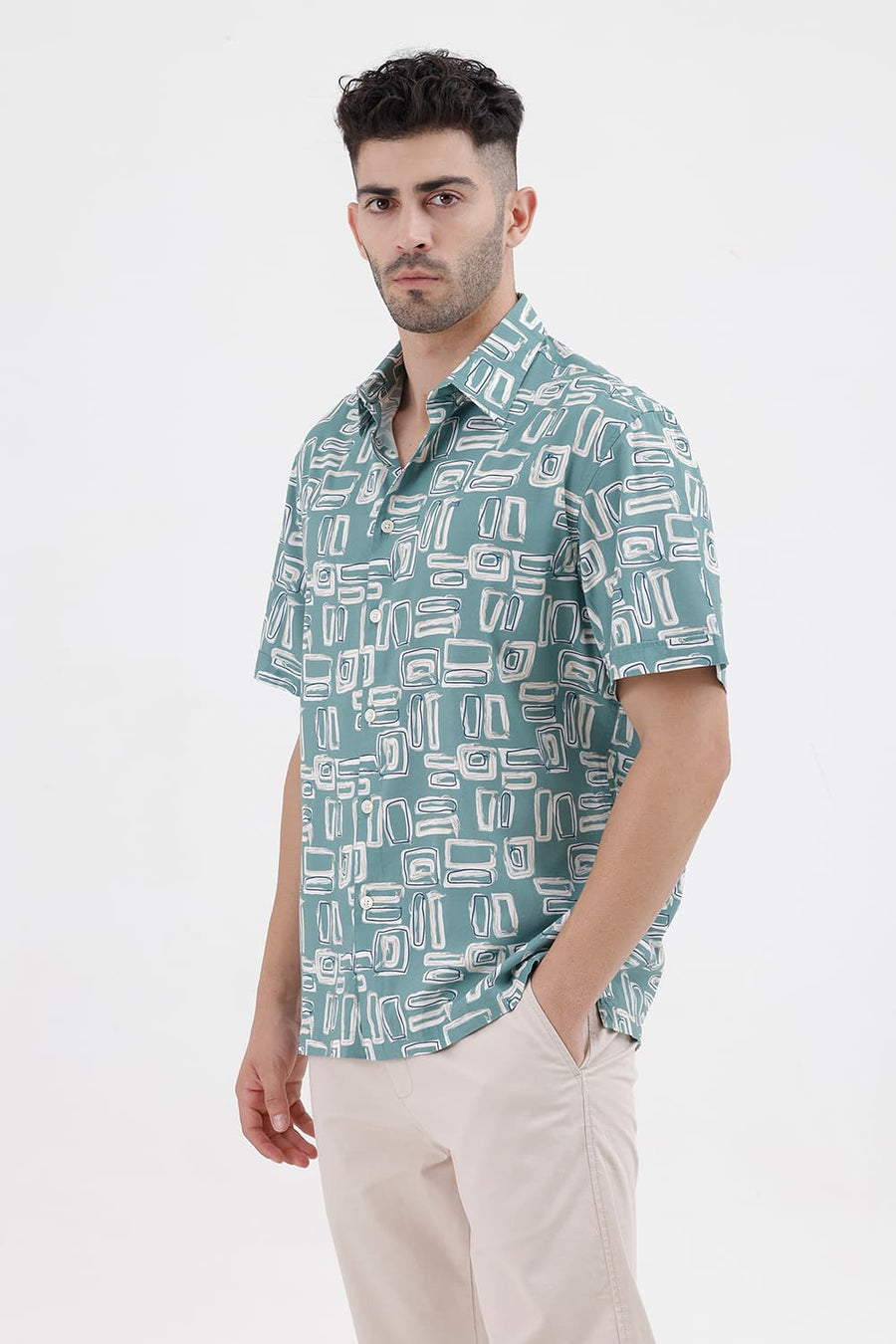 BASICS RELAXED FIT BERYL GREEN COTTON VISCOSE DIGITAL PRINTED HALFSLEEVES SHIRT
