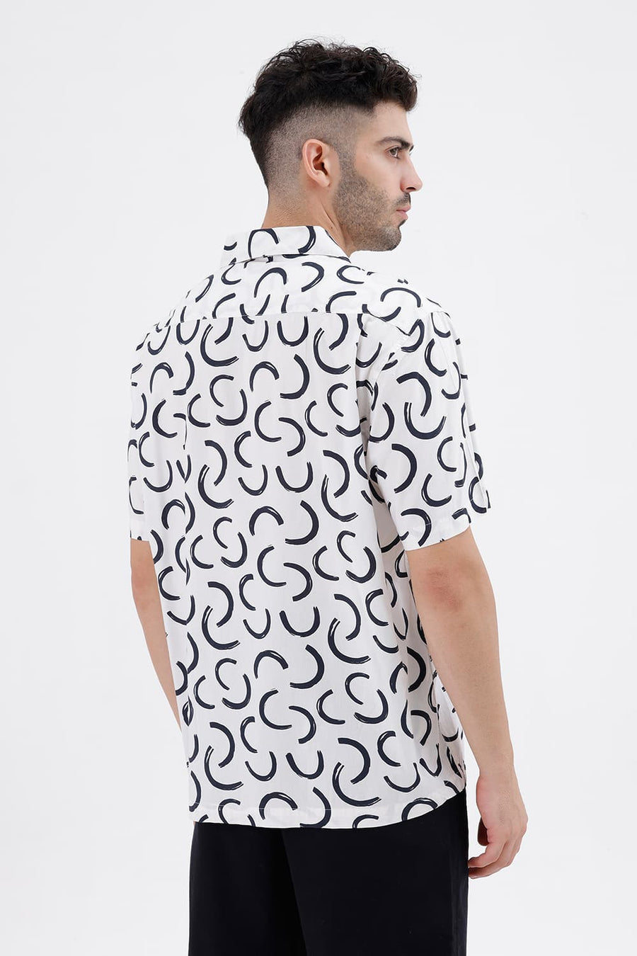 BASICS RELAXED FIT SNOWFALL OFFWHITE COTTON VISCOSE DIGITAL PRINTED HALFSLEEVES SHIRT