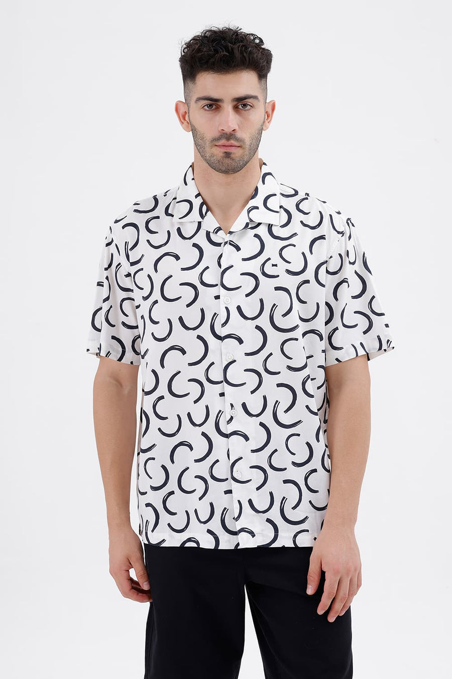 BASICS RELAXED FIT SNOWFALL OFFWHITE COTTON VISCOSE DIGITAL PRINTED HALFSLEEVES SHIRT