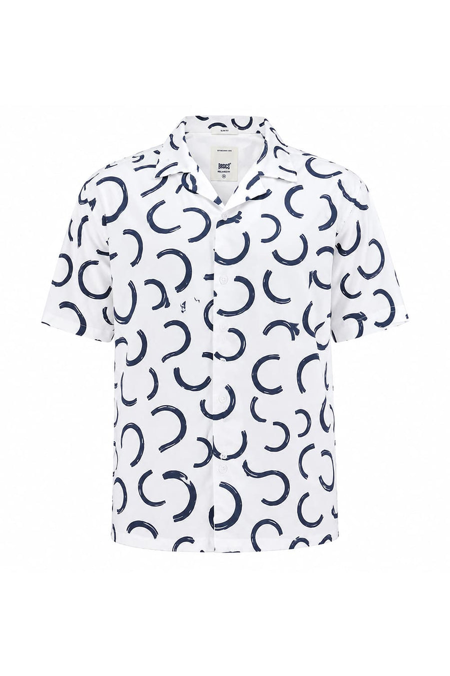 BASICS RELAXED FIT SNOWFALL OFFWHITE COTTON VISCOSE DIGITAL PRINTED HALFSLEEVES SHIRT