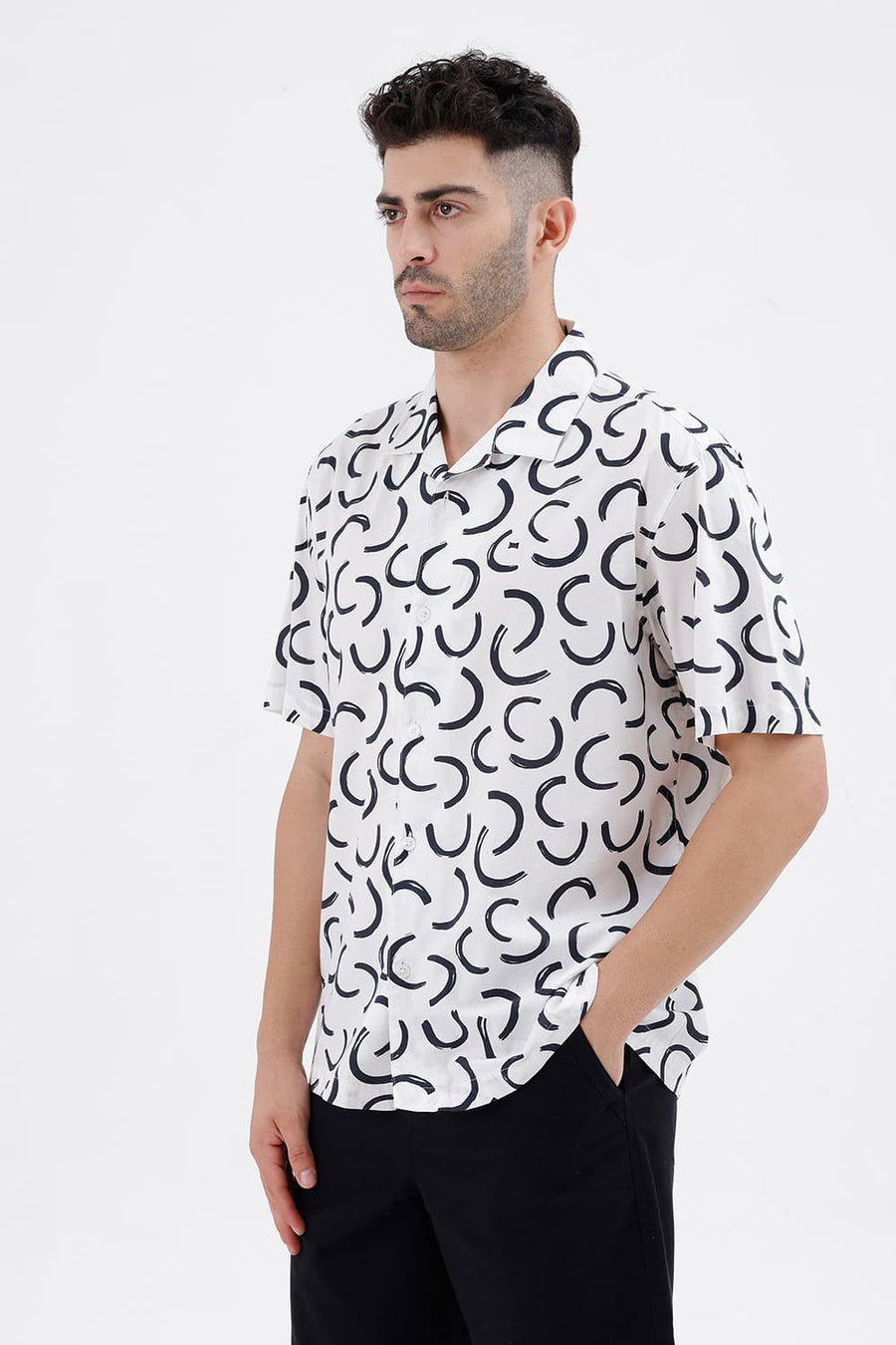 BASICS RELAXED FIT SNOWFALL OFFWHITE COTTON VISCOSE DIGITAL PRINTED HALFSLEEVES SHIRT