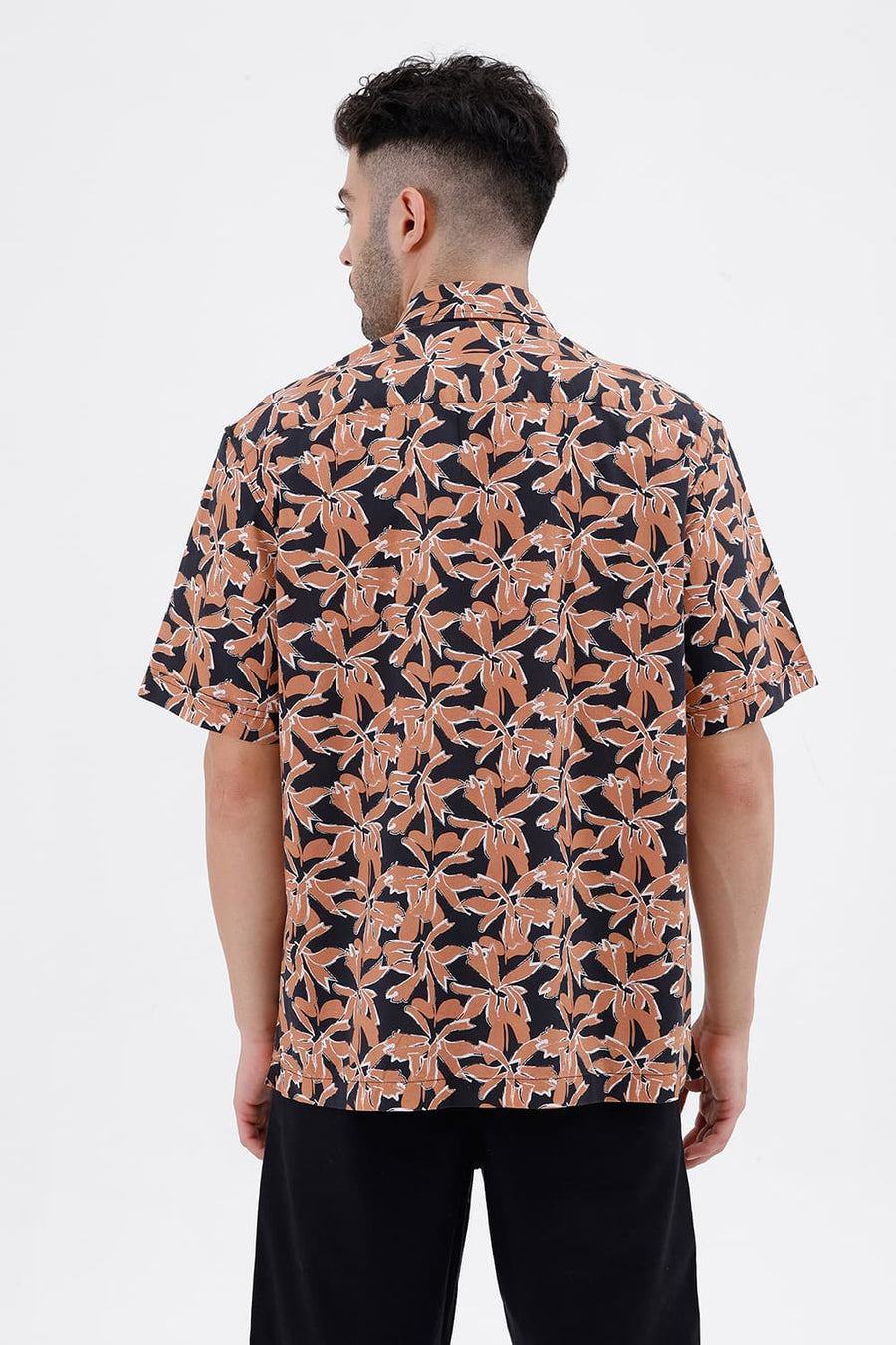 BASICS RELAXED FIT BLACK BRICK COTTON VISCOSE DIGITAL PRINTED HALFSLEEVES SHIRT