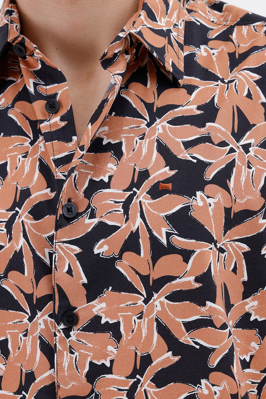BASICS RELAXED FIT BLACK BRICK COTTON VISCOSE DIGITAL PRINTED HALFSLEEVES SHIRT
